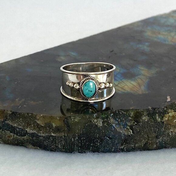 Sterling Silver 925 Oval Bezel Set Turquoise Cigar Band Ring Size 5.75 NEW - Picture 5 of 16